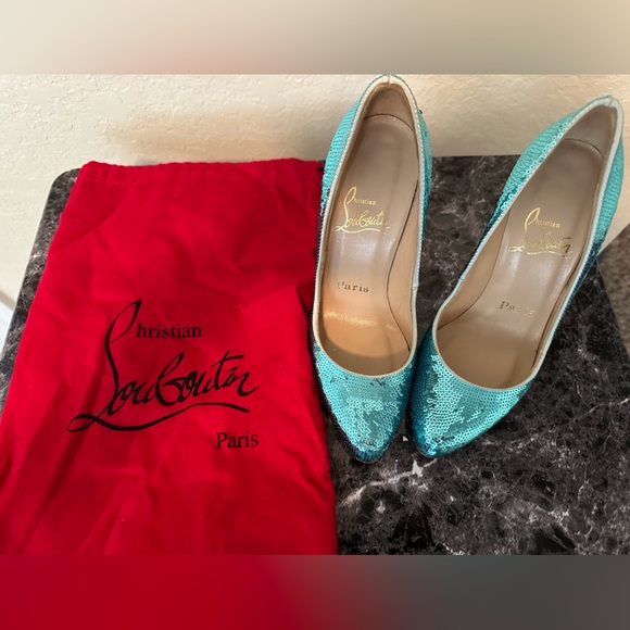 Authentic Christian Louboutin teal sequin pumps 35.5 worn once! - Picture 2 of 5